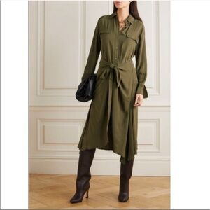 Vince olive green button front tie front asymmetric hemline shirtdress size xs